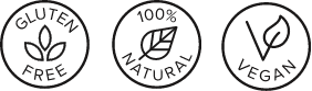 Gluten Free, 100% Natural, and Vegan certified product badges.
